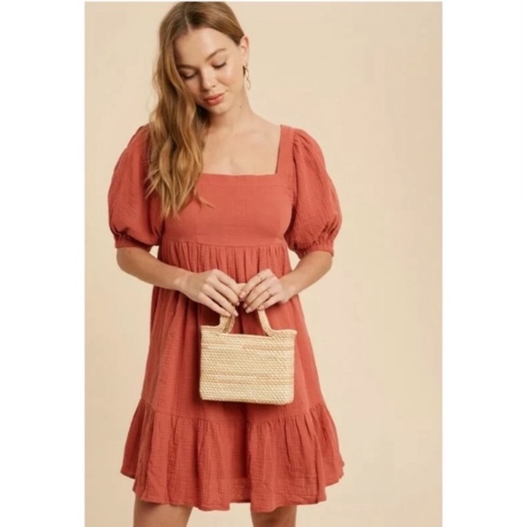 SOLD OUT Burnt Coral Gauze Boho Ruffle Babydoll Dress - Picture 3 of 7